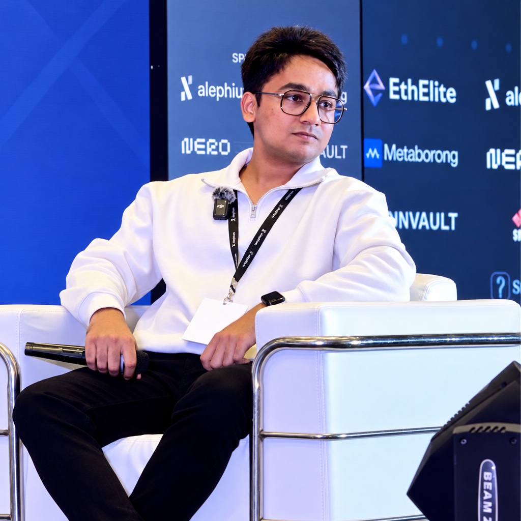 Sankrit speaking at a Web3 event
